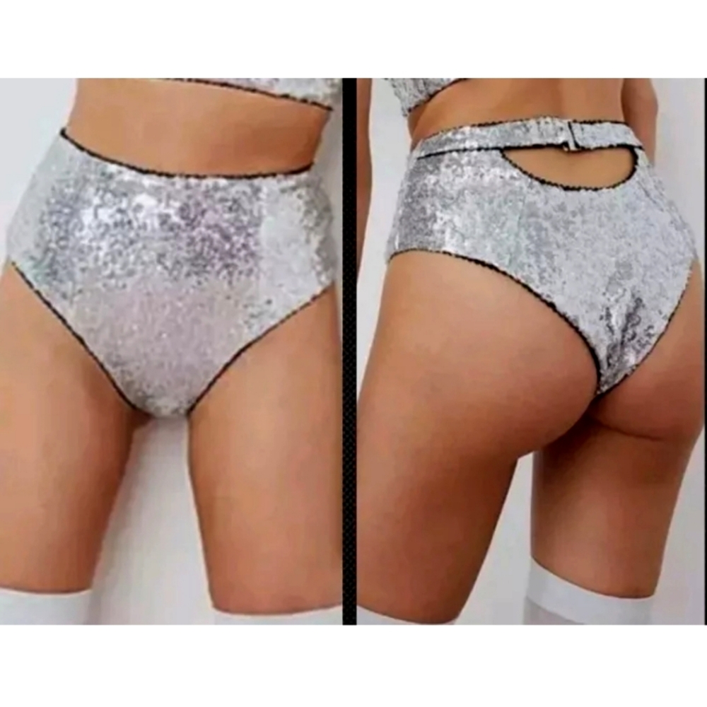 NEW! For Love & Lemons Silver Sequin High Waist Cheeky Go Go Panty Festival! XL
